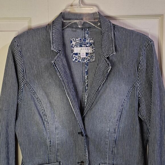 Kenar Womens Blazer Sz M Preppy Parisian Chic Coastal Grandmother Striped Floral - Picture 4 of 9